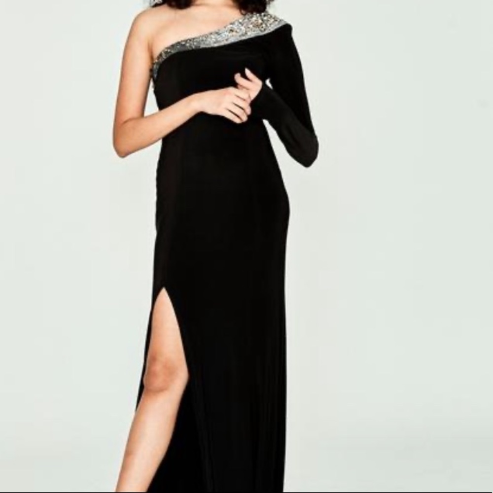 Black embellished one shoulder gown